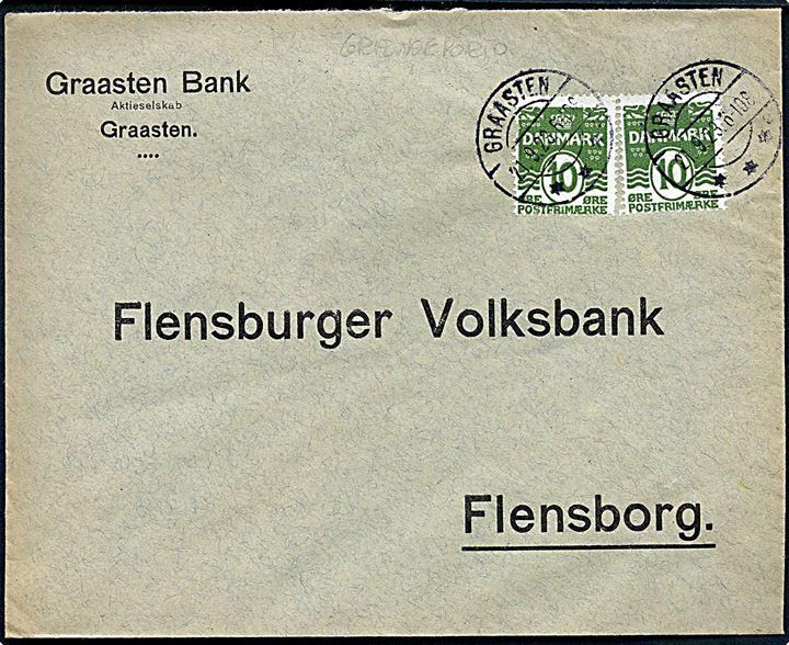 10 øre Bølgelinie (2) på GRÆNSEPORTO brev annulleret med brotype IIb Graasten sn2 d. 21.9.1923 til Flensburg.