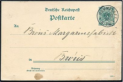 5 pfg. helsagsbrevkort annulleret med enringsstempel Hammeleff ** d. 24.10.1892 til Brøns.