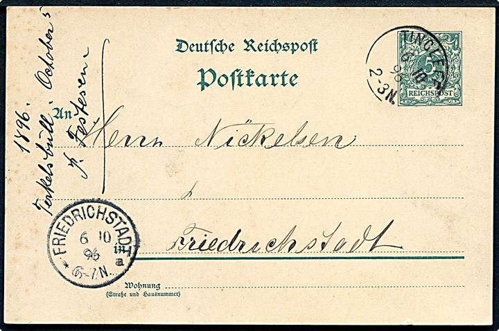 5 pfg. helsagsbrevkort annulleret med enringsstempel Tingleff d. 6.10.1896 til Friedrichstadt.