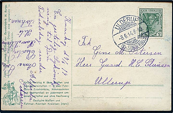 5 pfg. Germania på brevkort annulleret Ulderup (kr. Sonderburg) d. 8.6.1914 til Ullerup.