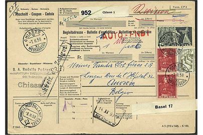 9,30 fr. frankeret internationalt adressekort for pakke fra Chiasso d. 7.2.1958 til Belgien. 1 mærke ombøjet.