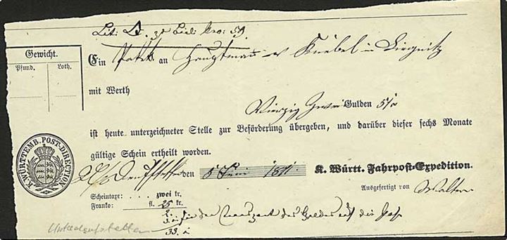 Kvittering fra K. Württ.-Fahrpost-Expedition 1871.