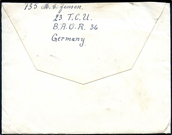 Ufrankeret Forces Mail brev stemplet Field Post Office 352 (= Kiel) d. 25.10.1947 til Nakskov. Sendt fra dansk censor ved 23 T.C.U. (Telegraph eller Traveling Censorship Unit), BAOR 36, Germany med langt indhold dateret i Kiel.
