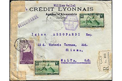70 mills blandingsfrankeret anbefalet luftpostbrev fra Alexandria d. 17.3.1944 til Slima, Malta. Åbnet af egyptisk censur.