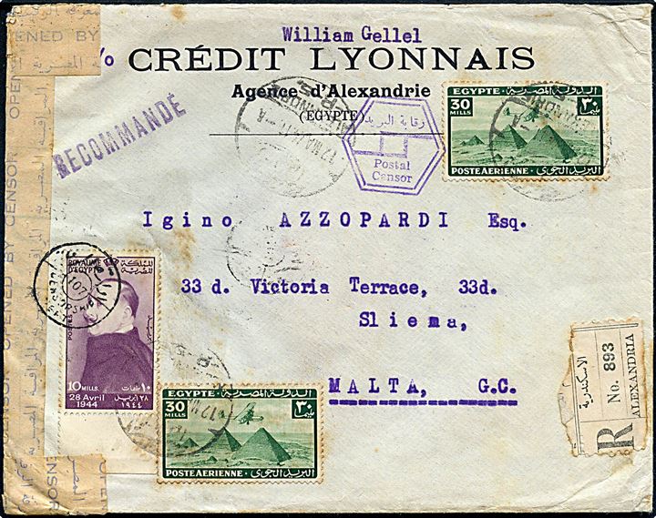 70 mills blandingsfrankeret anbefalet luftpostbrev fra Alexandria d. 17.3.1944 til Slima, Malta. Åbnet af egyptisk censur.