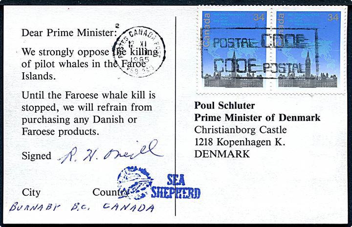 34 c. i parstykke på protest-postkort fra Burnaby, Canada d. 12.11.1985 til statsminister Poul Schlüter, København, Danmark. Protest mod færøsk hvalfangst med gummistempel Sea Shepherd.