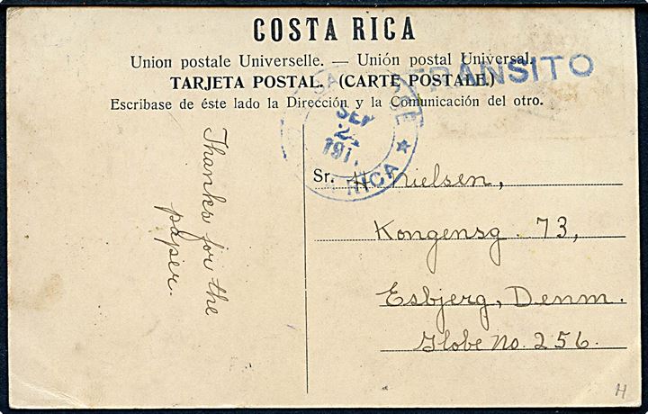4 c. på billedside af brevkort (Santa Ana) stemplet Santiago d. 24.9.1911 via San José Costa Rica d. 24.9.1911 til Esbjerg, Danmark.