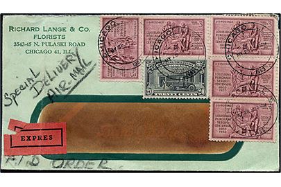 3 cents Louisiana (5) og 20 cents Special Delivery på ekspres rudekuvert fra Chicago d. 28.55.1953 til Danmark. På bagsiden ank.stempel i København d. 31.5.1953.