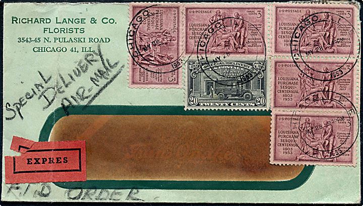 3 cents Louisiana (5) og 20 cents Special Delivery på ekspres rudekuvert fra Chicago d. 28.55.1953 til Danmark. På bagsiden ank.stempel i København d. 31.5.1953.