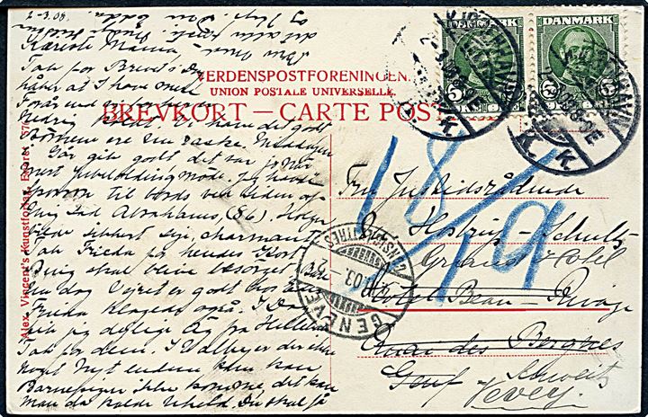 5 øre Fr. VIII i parstykke på brevkort (Frederiksholmskanal ved Tøjhusbroen) fra Kjøbenhavn d. 2.3.1908 til Geneve, Schweiz - eftersendt.