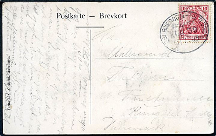 10 pfg. Germania på brevkort annulleret med bureaustempel Oberjersdal - Toftlund Bahnpost Zug 39 d. 13.7.1908 til Rungsted, Danmark.