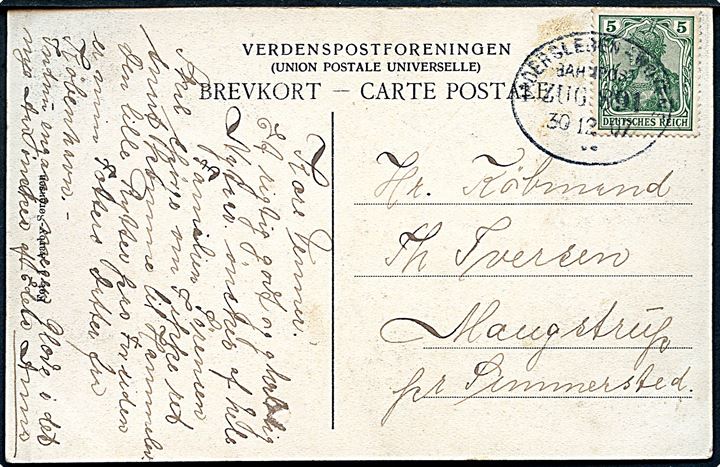 5 pfg. Germania på brevkort fra Hammelev annulleret med bureaustempel Hadersleben - Woyens Bahnpost Zug 891 d. 30.12.1907 til Simmersted.