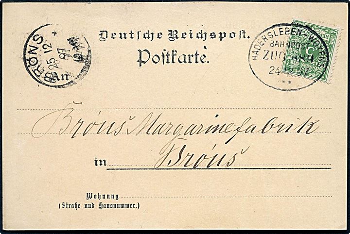 5 pfg. Ciffer på brevkort fra Maugstrup annulleret med bureaustempel Hadersleben - Woyens Bahnpost Zug 889 d. 24.12.1897 til Bröns.