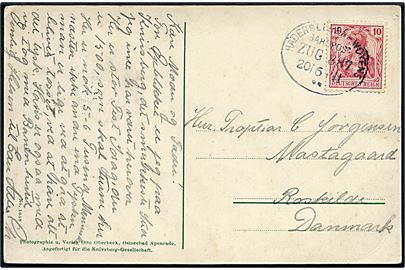 10 pfg. Germania på brevkort fra Knivsbjerg annulleret med bureaustempel Hadersleben - Woyens Bahnpost Zug 87 d. 20.6.1911 til Roskilde, Danmark.