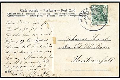 5 pfg. Germania på brevkort annulleret med bureaustempel Hadersleben - Christiansfeld Bahnpost Zug 8 d. 11.7.1907 til Chistiansfeld.