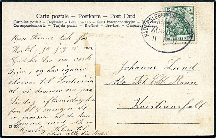 5 pfg. Germania på brevkort annulleret med bureaustempel Hadersleben - Christiansfeld Bahnpost Zug 8 d. 11.7.1907 til Chistiansfeld.