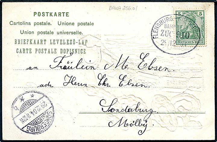5 pfg. Germania på nytårskort (Årstalskort 1905 med lokomotiv) annulleret med bureaustempel Flensburg - Sonderburg Bahnpost Zug 910 d. 29.12.1904 til Sønderborg.