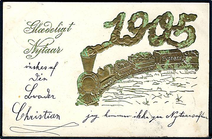 5 pfg. Germania på nytårskort (Årstalskort 1905 med lokomotiv) annulleret med bureaustempel Flensburg - Sonderburg Bahnpost Zug 910 d. 29.12.1904 til Sønderborg.