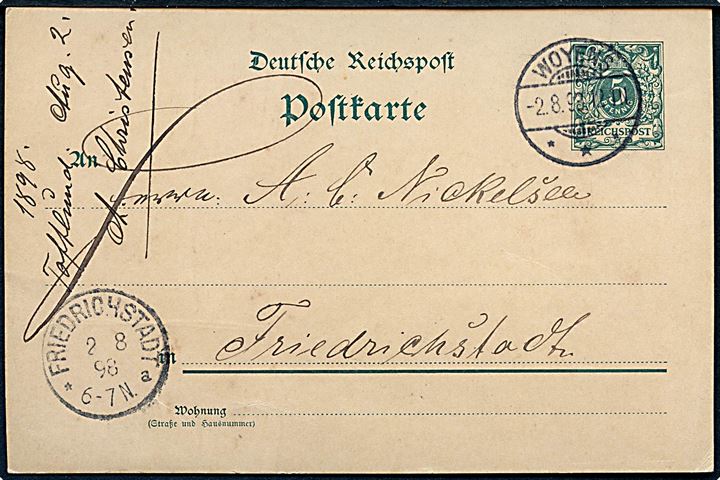 5 pfg. helsagsbrevkort stemplet Woyens d. 2.8.1898 til Friedrichstadt.