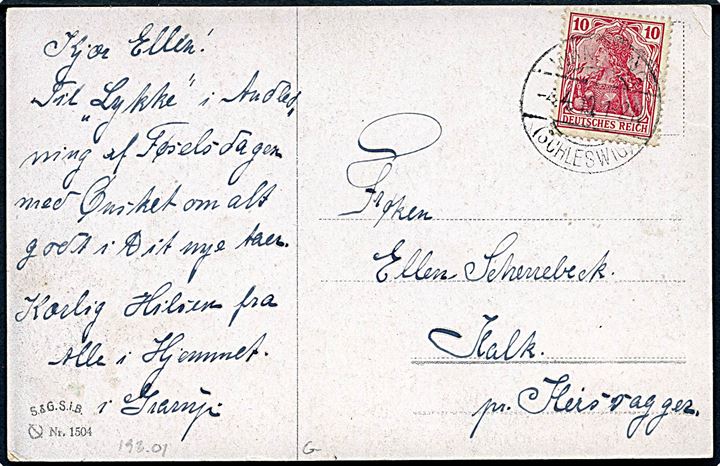 10 pfg. Germania på brevkort annulleret med lidt svagt stempel Wandling (Schleswig) d. 4.4.1919 til Heisager. 