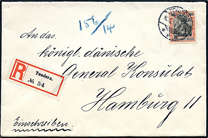 30 pfg. Germania single på anbefalet brev fra Tondern d. 10.12.1914 til det Kgl. danske konsulat i Hamburg. 