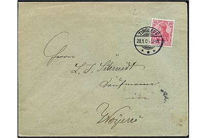 10 pfg. Germania på brev annulleret med smukt stempel Tingleff d. 28.1.1904 til Woyens.