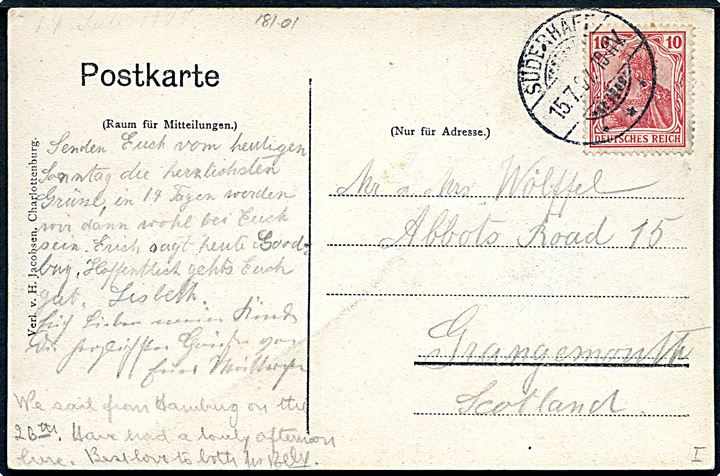 10 pfg. Germania på brevkort (Gruss aus Strandhotel Süderhaff) annulleret Süderhaff *** d. 15.7.1907 til Grangemouth, England.