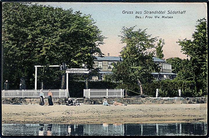 10 pfg. Germania på brevkort (Gruss aus Strandhotel Süderhaff) annulleret Süderhaff *** d. 15.7.1907 til Grangemouth, England.