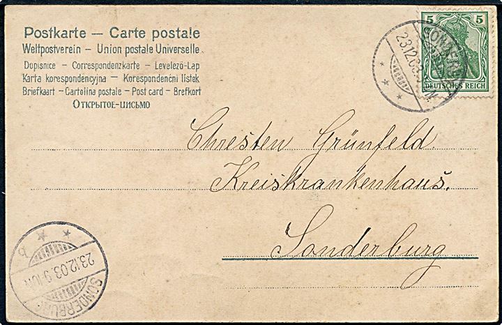 5 pfg. Germania på julekort dateret Kekenis og stemplet Sönderby d. 23.12.1903 til Sonderburg.
