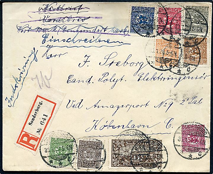 2½-35 pfg. og 1 mk. Fælles udg. på 2,20 mk. blandingsfrankeret værdibrev fra Sonderburg d. 30.1.1920 til København. Ændret til anbefalet brev. 