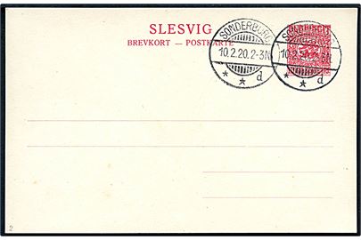 10 pfg. Fæles udg. helsagsbrevkort annulleret Sonderburg **d d. 10.2.1920. Uadresseret.