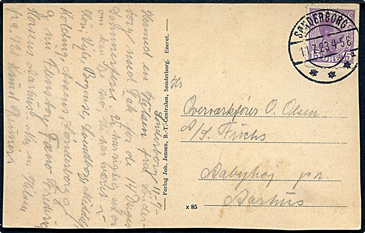 15 øre Chr. X på brevkort annulleret med brotype IIb Sønderborg sn1 d. 1.7.1923 til Aarhus.