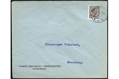 20 øre Chr. X single på fortrykt kuvert fra Handelsbanken i Sønderborg sendt som GRÆNSEPORTO brev og annulleret med brotype IIb Sønderborg sn1 d. 11.11.1922 til Flensburg, Tyskland.