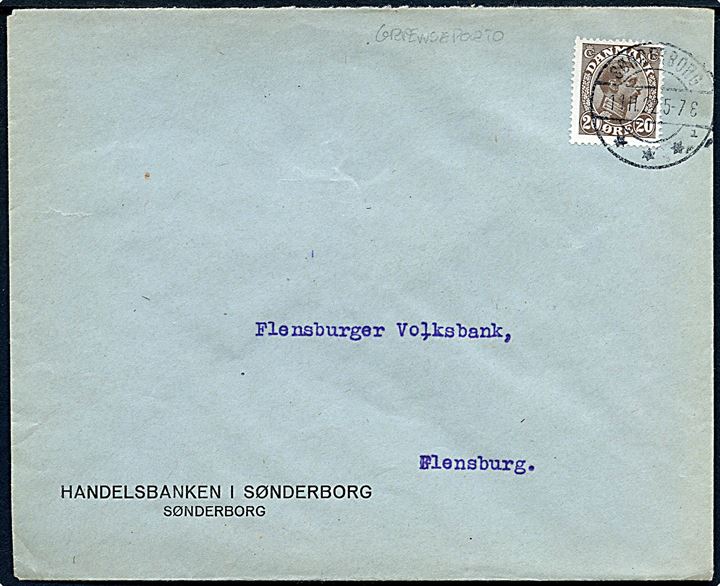 20 øre Chr. X single på fortrykt kuvert fra Handelsbanken i Sønderborg sendt som GRÆNSEPORTO brev og annulleret med brotype IIb Sønderborg sn1 d. 11.11.1922 til Flensburg, Tyskland.