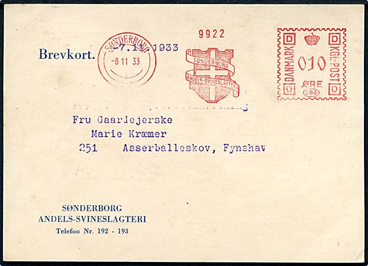 10 øre firmafranko fra Sønderborg Andels-Svineslagteri på brevkort fra Sønderborg d. 8.11.1933 til Asserballeskov pr. Fynshav.