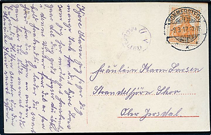 7½ pfg. Germania på brevkort stemplet Sommerstedt d. 9.3.1917 til Ober Jersdal. Violet censur Ü K Hadersleben