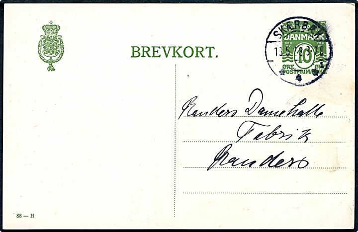 10 øre helsagsbrevkort (fabr. 88-H) annulleret med brotype IIb Skærbæk sn1 d. 18.5.1928 til Randers.