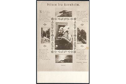 Hilsen fra Bornholm med prospekter og kvinde i egnsdragt. P. Alstrup no. 3625.