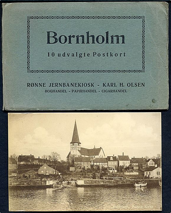 Bornholm 10 udvalgte Postkort. Rønne Jernbanekiosk ved Karl H. Olsen. Mappe med 10 kort fra bl.a. Rønne havn, Hammershus og Ekkodalen. Stenders no. 1-10. 