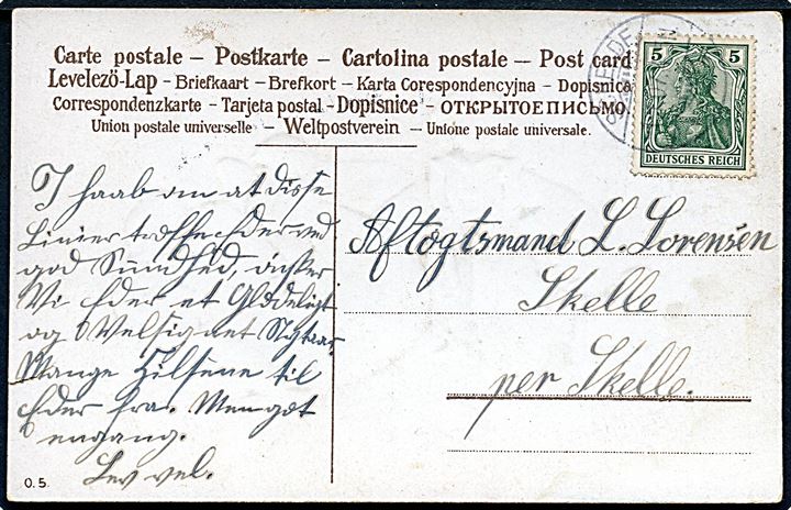 5 pfg. Germania på lokalt nytårskort annulleret Schelde d. 1.1.1907. 