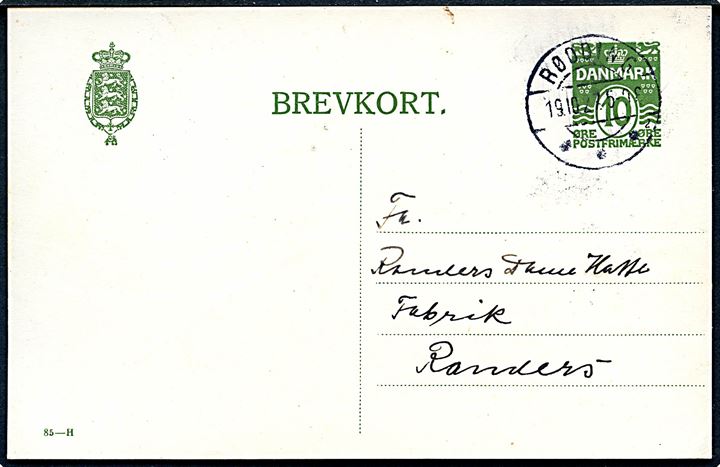 10 øre helsagsbrevkort (fabr. 85-H) annulleret med brotype IIb Rødding sn2 d. 19.10.1927 til Randers.