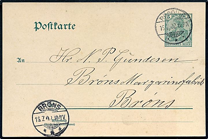 5 pfg. Germania helsagsbrevkort stemplet Rödding *** d. 15.7.1902 til Bröns.