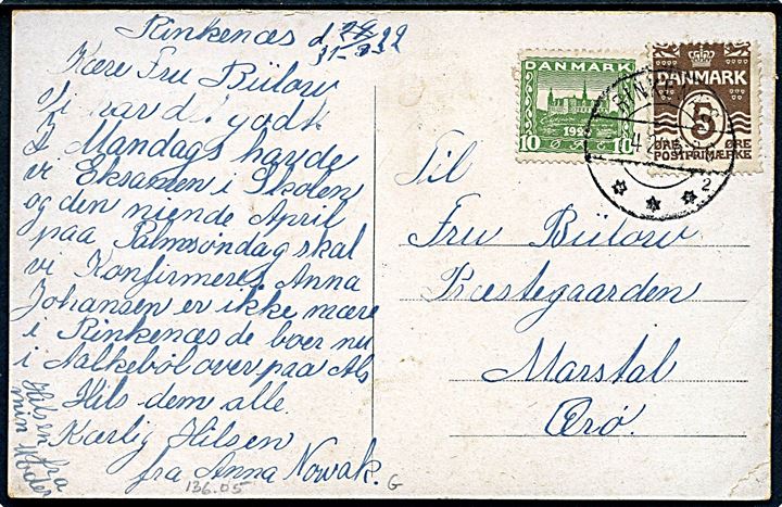 5 øre Bølgelinie og 10 øre Genforening på brevkort (Ringenæs Overkro) annulleret med brotype IIb Rinkenæs sn2 d. 31.3.1922 til Marstal, Ærø.
