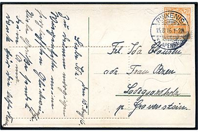 7½ pfg. Germania på brevkort annulleret Rinkenis (Kr. Apenrade) d. 15.8.1916 til Gravenstein.