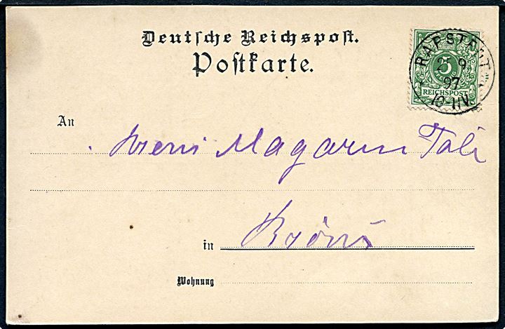 5 pfg. Ciffer på brevkort annulleret med enringsstempel Rapstedt d. 25.9.1897 til Bröns.