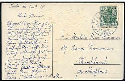 5 pfg. Germania på brevkort dateret Fröslee og annulleret Pattburg (kr. Flensburg) d. 13.2.1915 til Schafhaus.