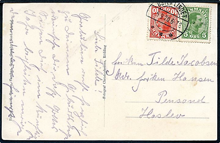 5 øre og 10 øre Chr. X på brevkort (Partier fra Gram) annulleret med brotype IIb Øster Lindet d. 5.9.1920 til Haslev.
