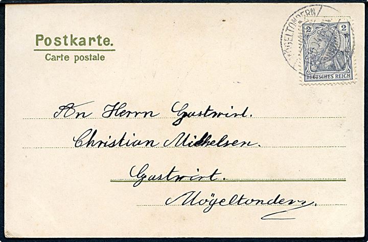 3 pfg. Germania på lokalt brevkort stemplet Mögeltondern d. 15.10.1904.