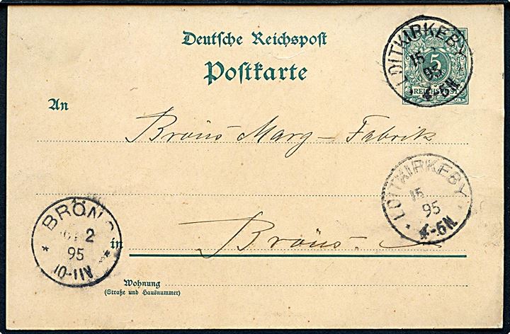 5 pfg. helsagsbrevkort annulleret med enringsstempel Loitkirkeby ** d. 15.2.1895 til Bröns.