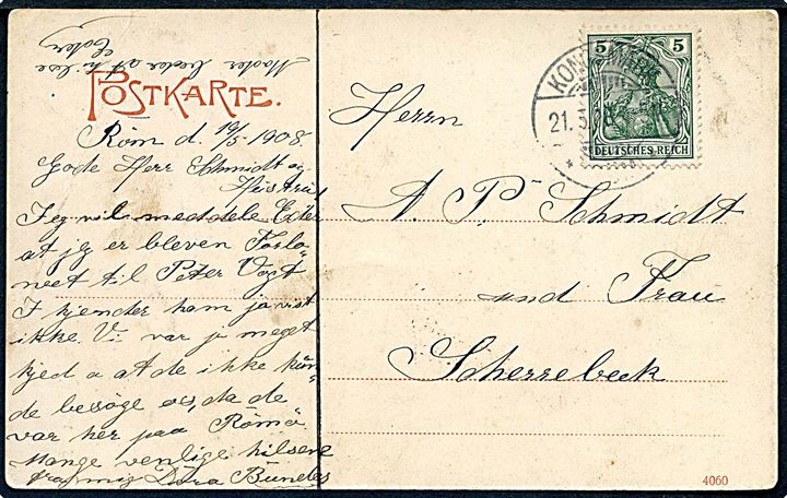 5 pfg. Germania på brevkort (Kvinder i Rømødragter) annulleret Kongsmark *(Röm)* d. 21.5.1908 til Skærbæk.